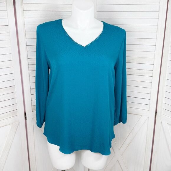 Fortune + Ivy Cutout Back Tie Eyelet Trim Blouse Teal Blue Size Large - Picture 1 of 13